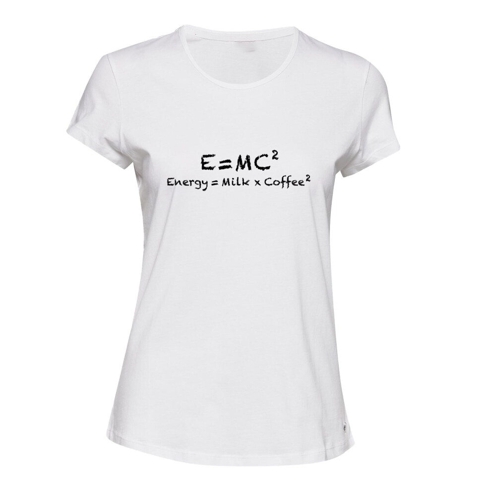 (2XL) E=mc2 Energy Milk Coffee Funny Einstein Ladies Womens White T-Shirt Tee Tops