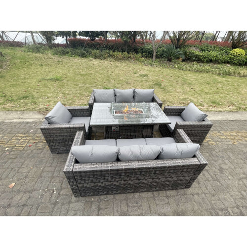 Fimous 8 Seater Outdoor PE Rattan Garden Furniture Gas Fire Pit Dining