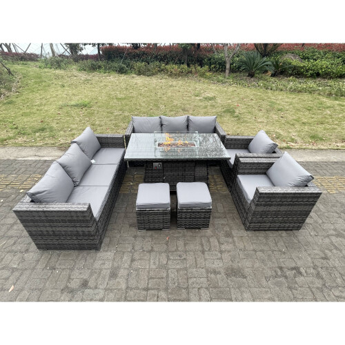 Fimous Outdoor Pe Rattan Garden Furniture Gas Fire Pit Dining Table Set Lounge Sofa On Onbuy 8759