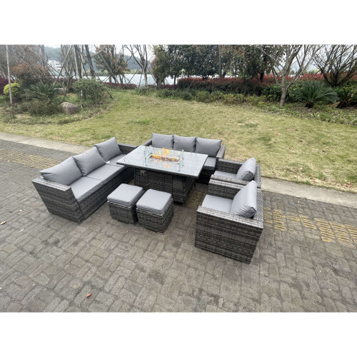 Fimous Outdoor Pe Rattan Garden Furniture Gas Fire Pit Dining Table Set Lounge Sofa On Onbuy 9310