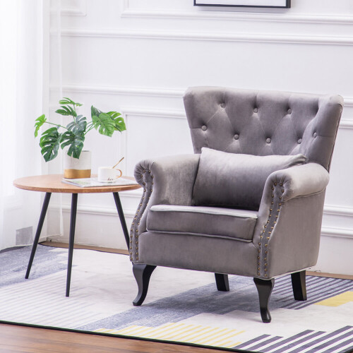 Living And Home (Grey) Velvet Upholstered Wingback Armchair with Cushion