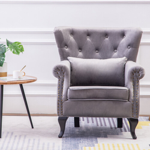 Living And Home (Grey) Velvet Upholstered Wingback Armchair with Cushion 1