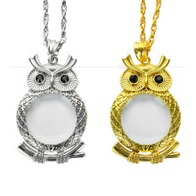 (Gold, Owl) Magnifying glass metal jumper chain pendant necklace 6x reading to see small print
