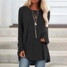 (Black, 5XL UK SIZE 20) Womens Solid Round Neck Long Sleeve T Shirt Ladies Casual Loose Tops Blouse