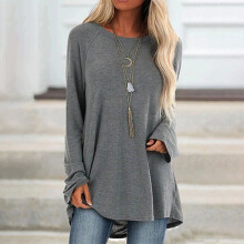 (Grey, L UK SIZE 10) Womens Solid Round Neck Long Sleeve T Shirt Ladies Casual Loose Tops Blouse