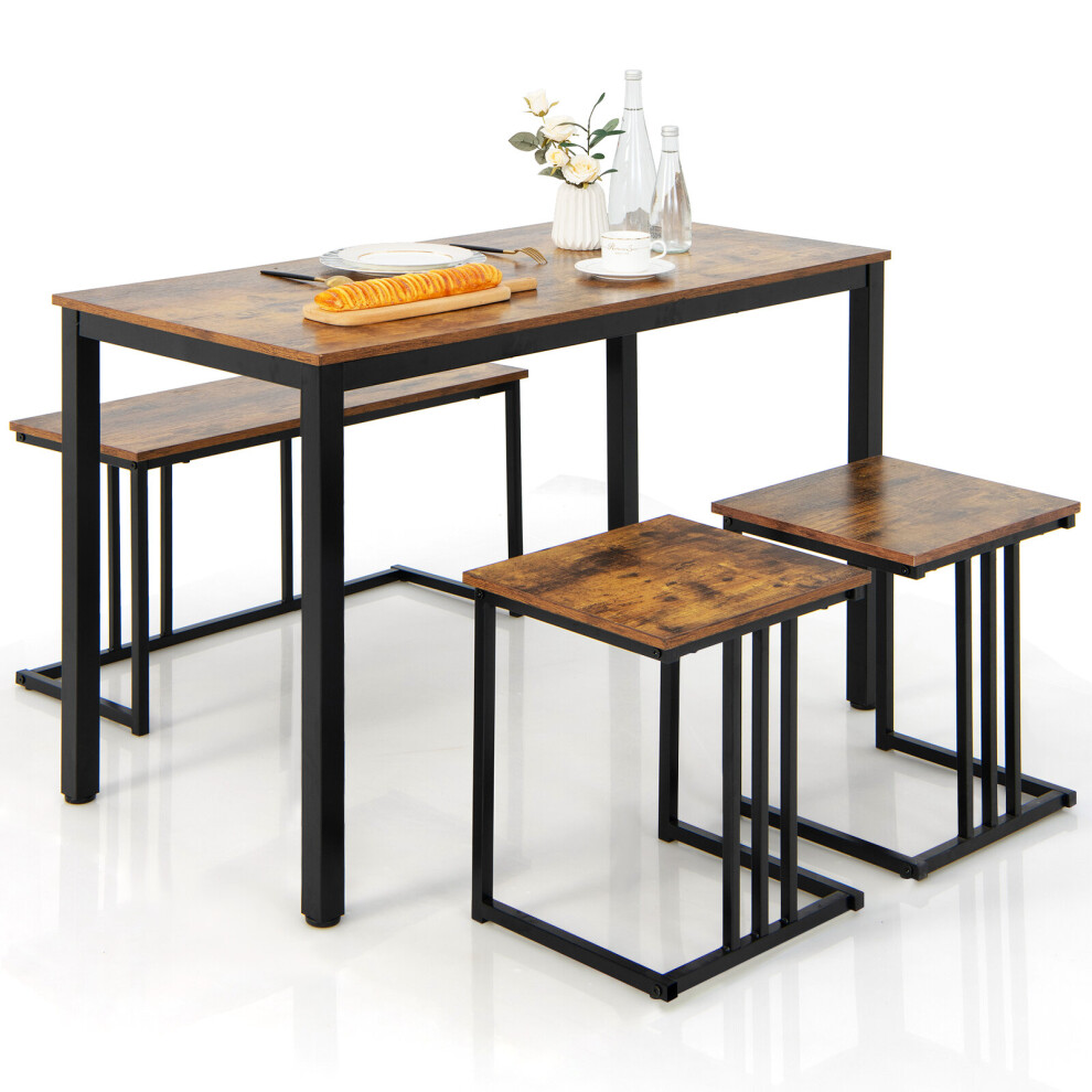 4 PCS Industrial Dining Table & Chair Set Kitchen Table Bench 2 Stools