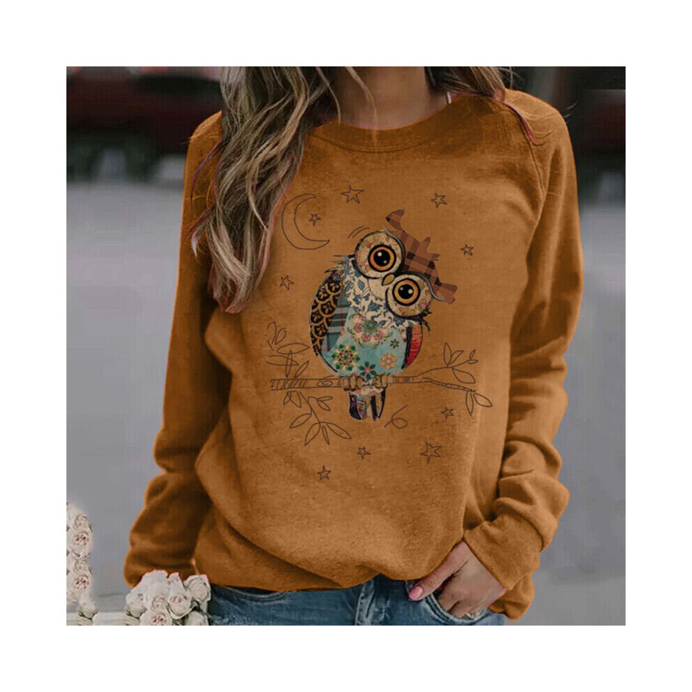 (Khaki, 2XL) Womens Owl Long Sleeve Sweatshirt Ladies Casual Baggy Pullover Tops T-shirt Tee