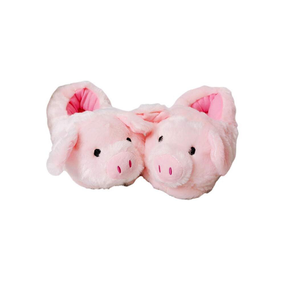 (Heel Cover) Cartoon Pink Pig Plush Slipper Animal Home Indoor Winter Warm Flat Nonslip  Shoe