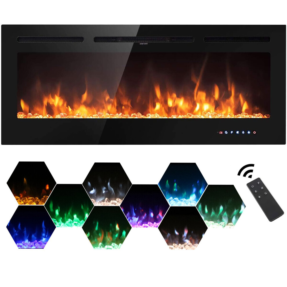 (102cm/40") Electric Fireplace 900/1800W Touch Screen Glass Panel Colorful Flame Insert Wall Mounted Heater Remote Control with Crystal&Log Set,Black
