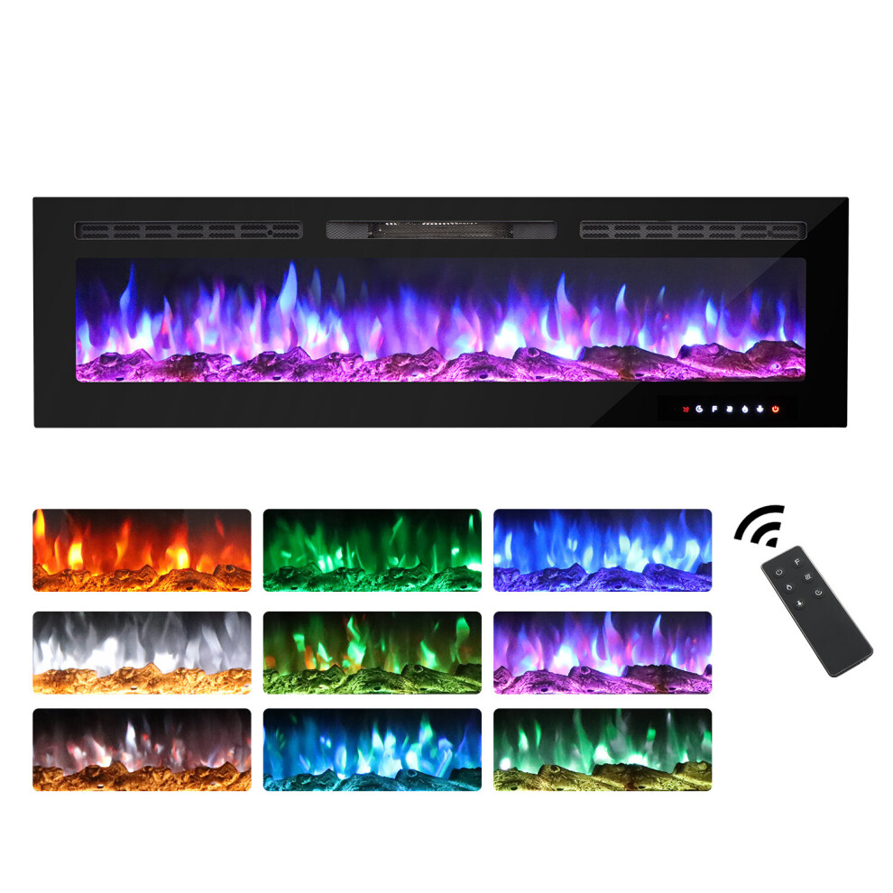 (153cm/60") Electric Fireplace 900/1800W Touch Screen Glass Panel Colorful Flame Insert Wall Mounted Heater Remote Control with Crystal&Log Set,Black