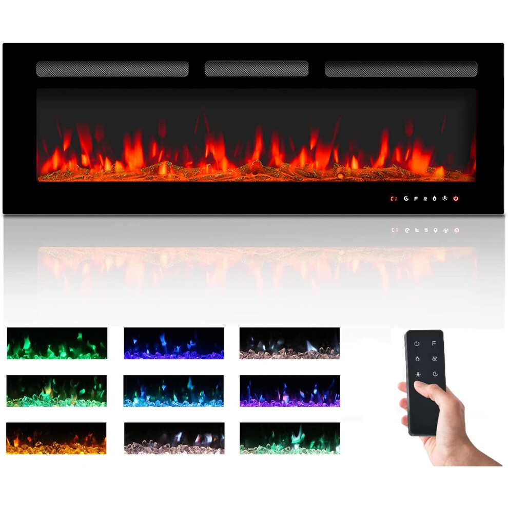 (127cm/50") Electric Fireplace 900/1800W Touch Screen Glass Panel Colorful Flame Insert Wall Mounted Heater Remote Control with Crystal&Log Set,Black