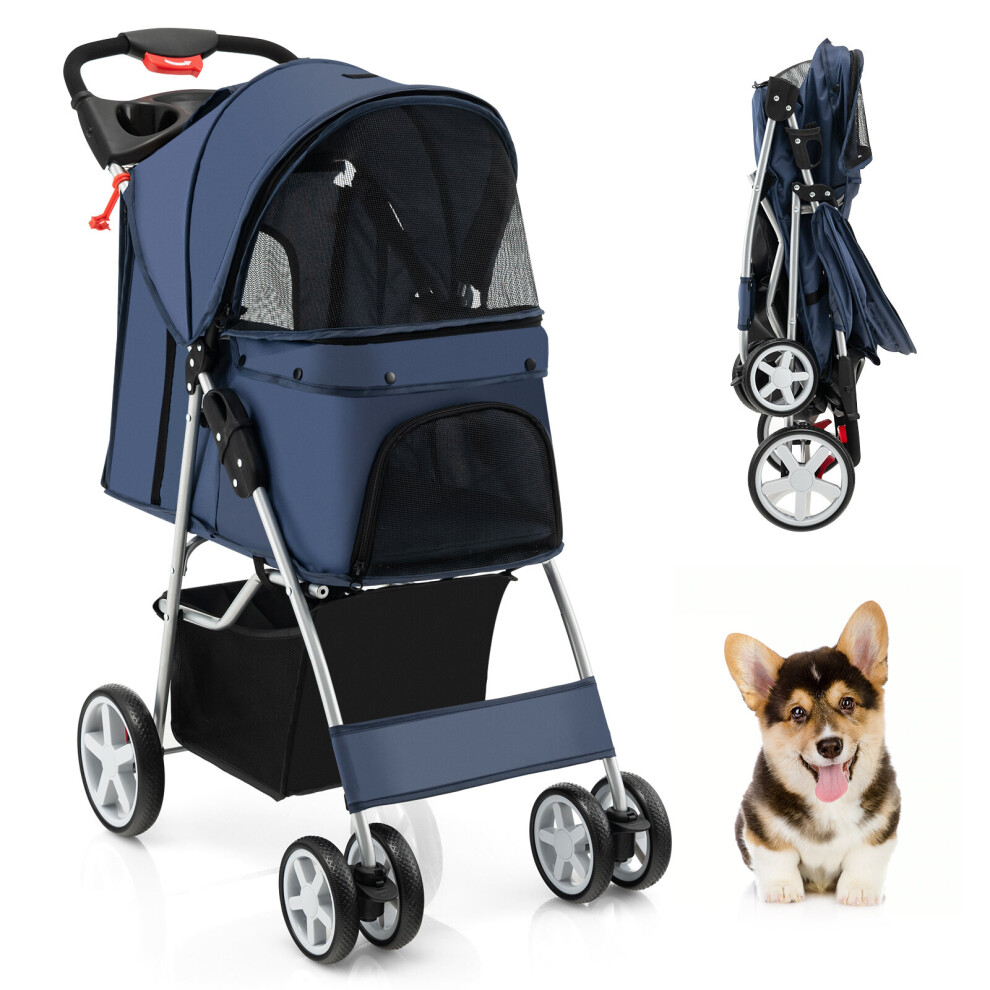 4-Wheel Pet Stroller Folding Dog Cat Walk Travel Pushchair with Basket