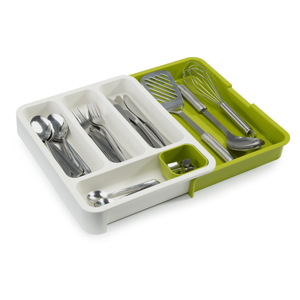 Extendable Kitchen Drawer Organizer Cutlery Tray, White/Green