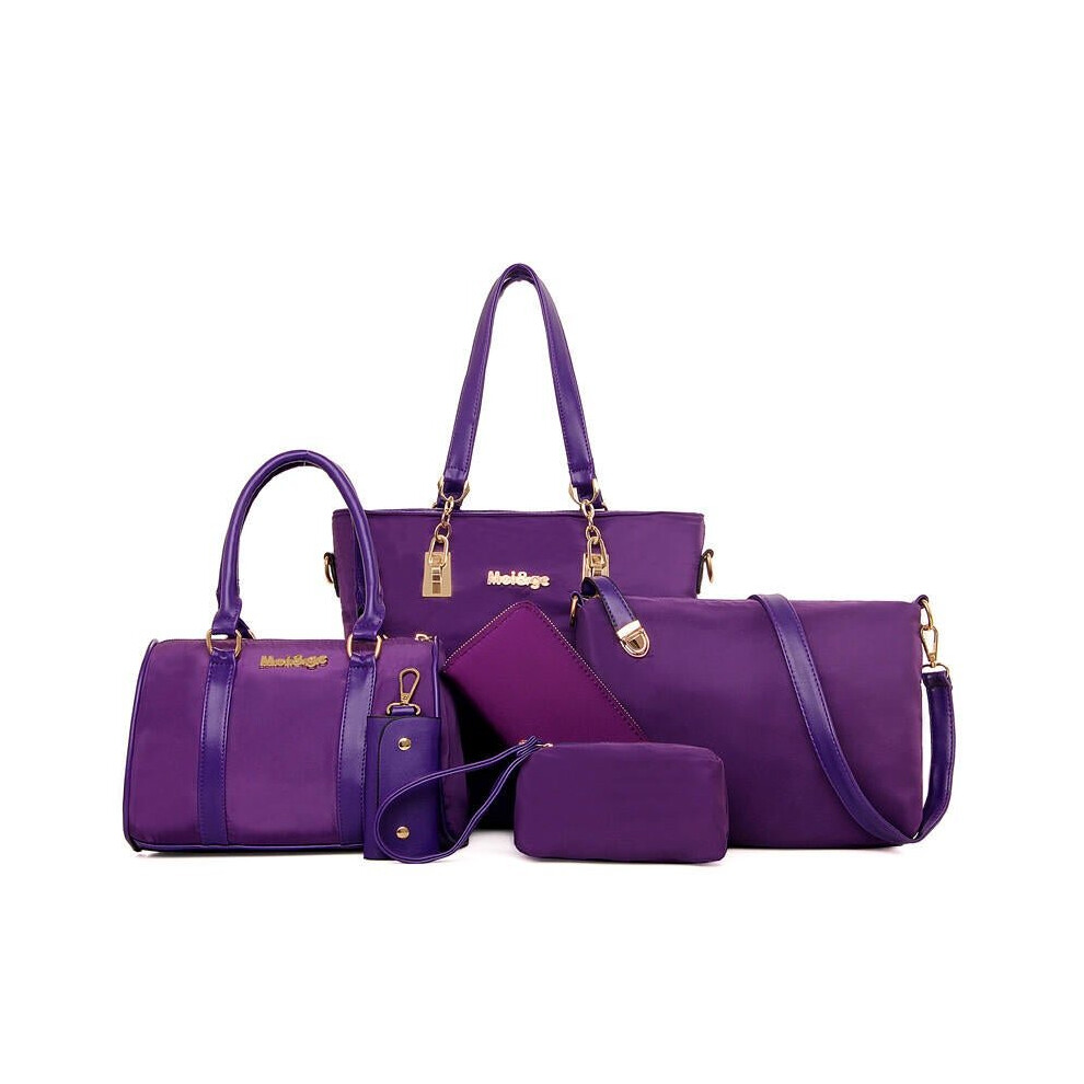 (Purple) 6 PCS Women Casual Nylon Handbag Shoulder Bag Clutch Bag Card Holder
