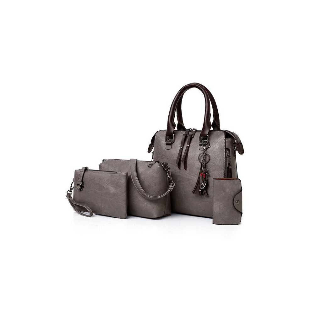 (Grey) 4 PCS Women Faux Leather Handbag Vintage Elegant Multi-function Crossbody Bag
