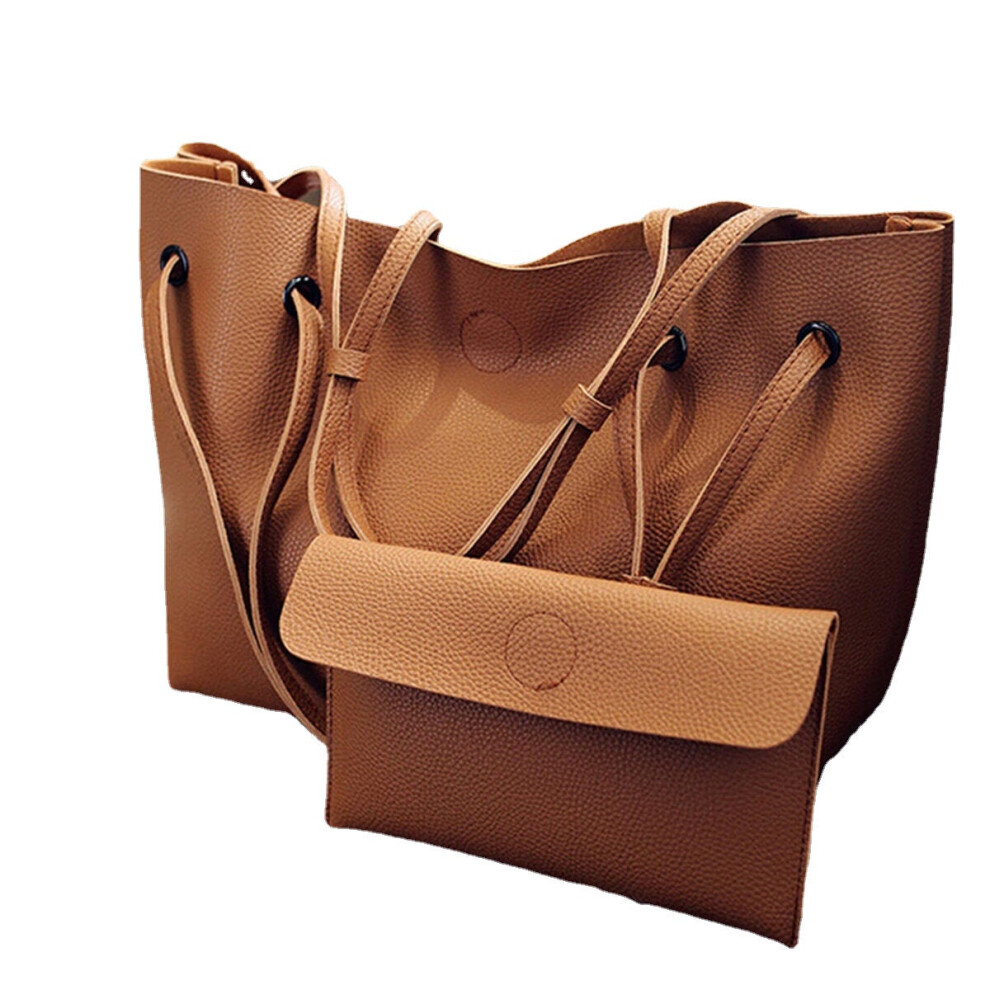 (Brown) 2pcs Women Leather Large Shoulder Messenger Shopping Bag Purse Handbag Tote