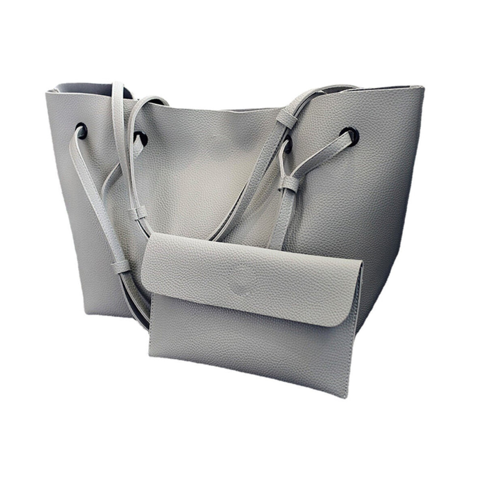 (Grey) 2pcs Women Leather Large Shoulder Messenger Shopping Bag Purse Handbag Tote