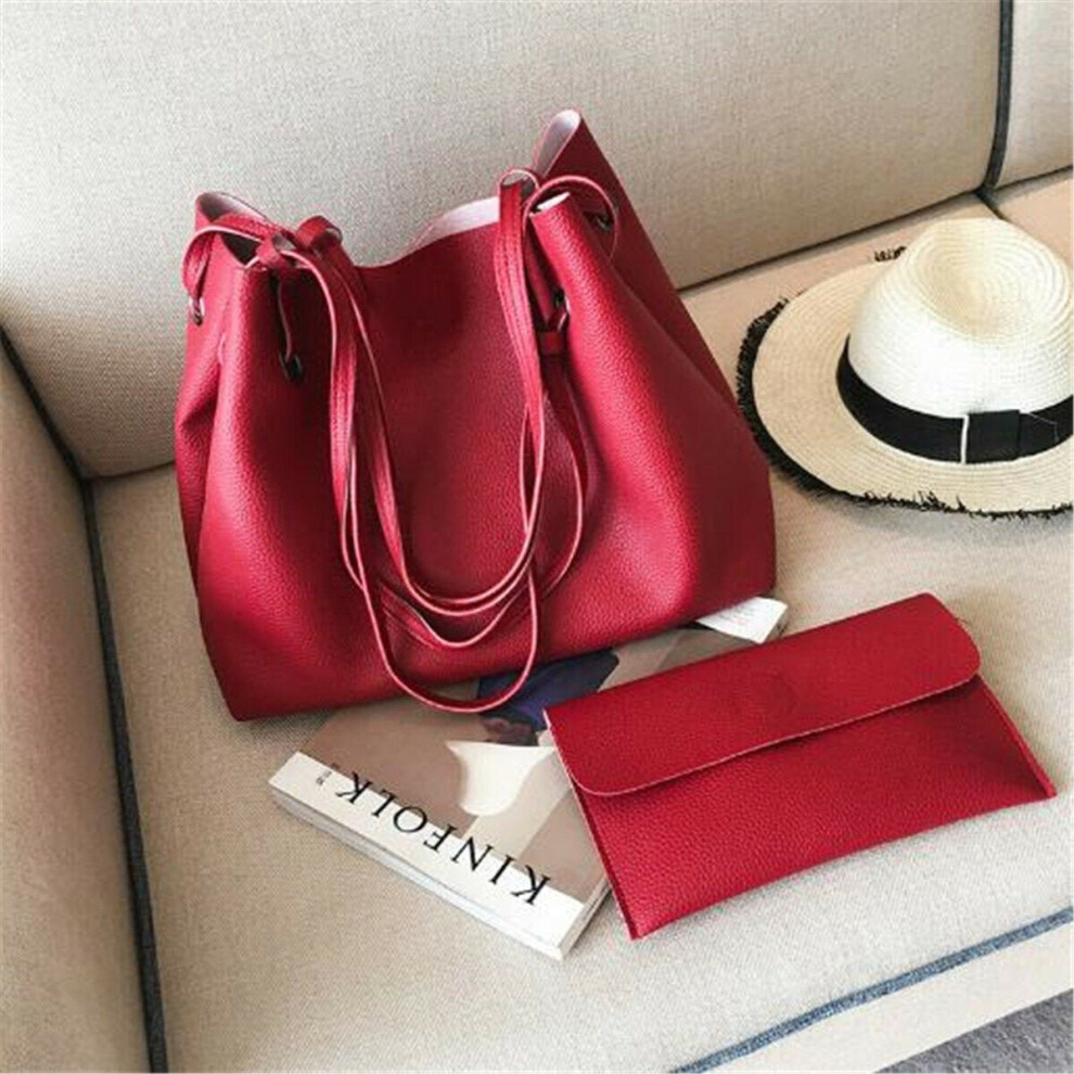 (Red) 2pcs Women Leather Large Shoulder Messenger Shopping Bag Purse Handbag Tote