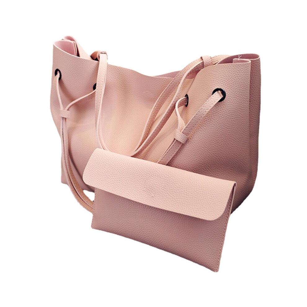 (Pink) 2pcs Women Leather Large Shoulder Messenger Shopping Bag Purse Handbag Tote