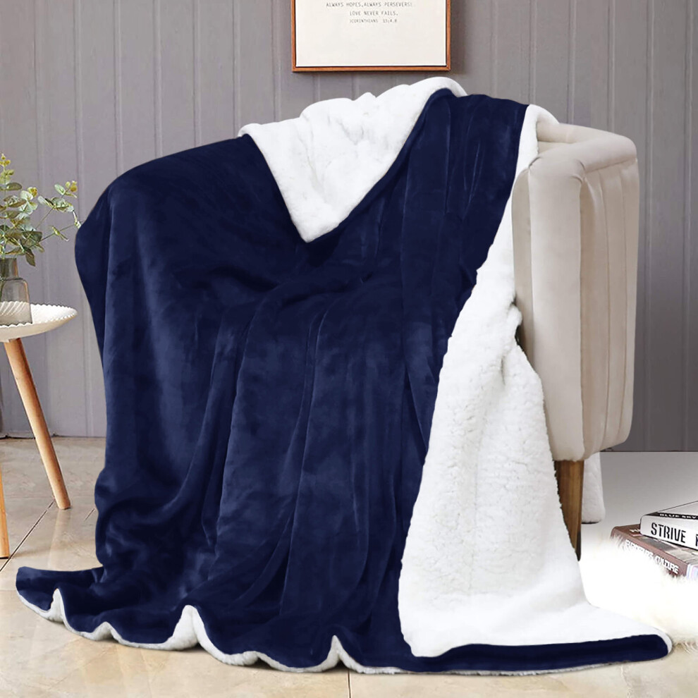 (Navy Blue, King (200 x 240 cm)) Luxury Super Soft Sherpa Fleece Blanket Faux Fur Sofa Mink Warm Thick Reversible Throw