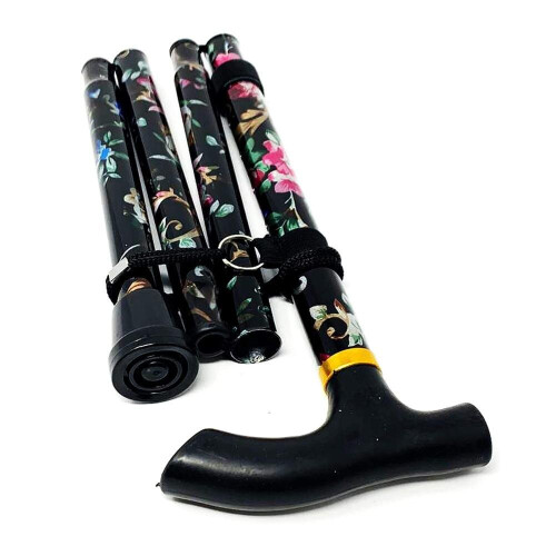 (Black Flower) Walking Stick Easy Fold Adjustable Cane Lightweight Mobility Collapsible Sticks 1