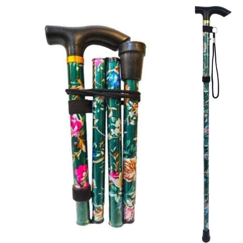 (Green Flower) Walking Stick Easy Fold Adjustable Cane Lightweight Mobility Collapsible Sticks 1