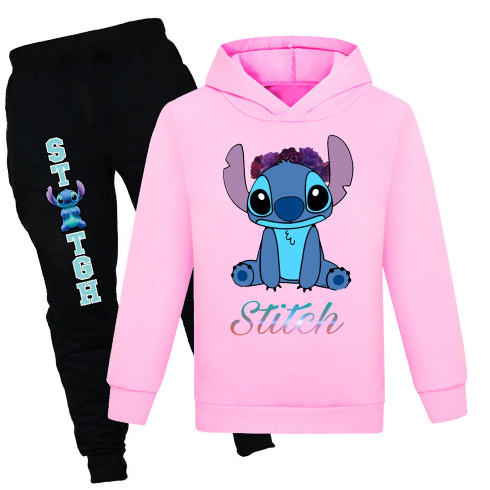 (11-12 Years, Pink) Lilo and Stitch Kids T-shirt Hoodie Hooded Pants Trousers Outfit Suit Boys Girls Tracksuit Set Tops Bottoms Sportswear
