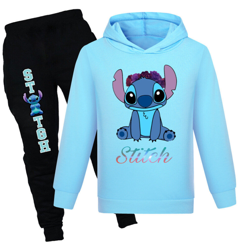 (11-12 Years, Light Blue) Lilo and Stitch Kids T-shirt Hoodie Hooded Pants Trousers Outfit Suit Boys Girls Tracksuit Set Tops Bottoms Sportswear