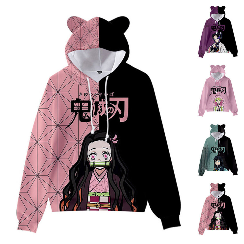 (S, Black) Unisex Demon Slayer Printed Hoodies Sweatshirt Casual Pullover Cat Ear Hooded Jumper Tops