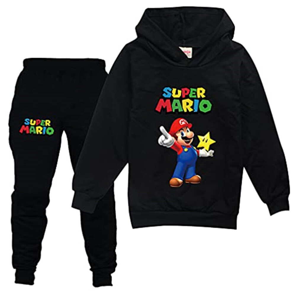 (13-14 Years, Black) Kids Boys Girls Super Mario Pullover Hoodies Hooded Tops Sweatpants 2 Piece Outfit Set Jogger Jogging Sweatshirt Pants Trousers Tracksuit