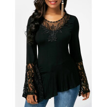 (Black, XL) Womens Long Sleeve Lace Floral Tops T Shirt Ladies Casual Loose Pullover Blouse
