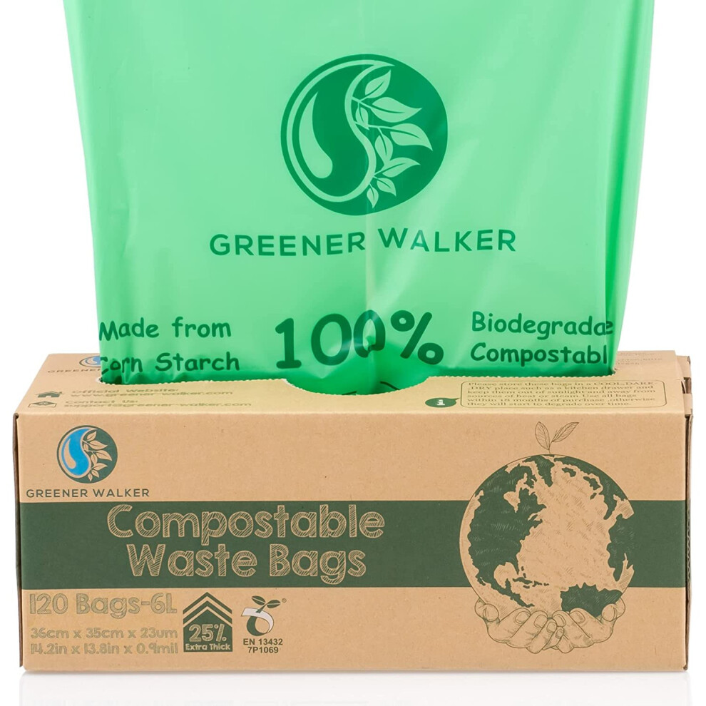 Greener Walker 25% Extra Thick Compost 6L/10L/30L Caddy Bin Liners-120 Bags Biodegradable Kitchen Food Waste Bags(6L)