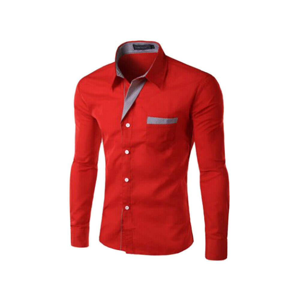 (Red, L) Fashion Men Shirts Long Sleeve Slim Fit Casual Dress T-Shirt Tops Blouse