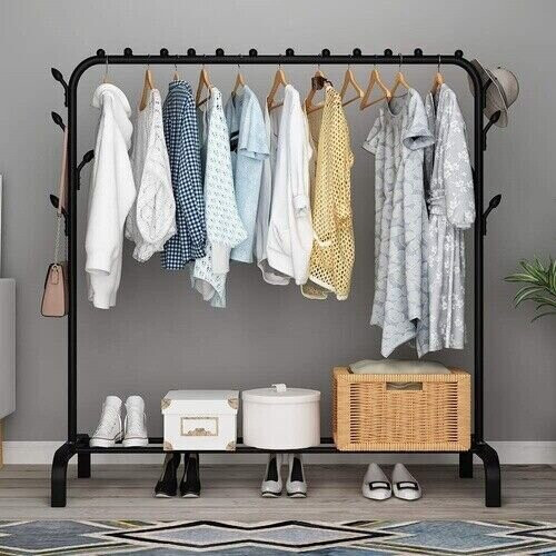 Black Heavy-Duty Clothes Rail with 8 Side Branch Hooks, Bottom Storage & Leveling Feet - 110x54x150cm Garment Display Stand