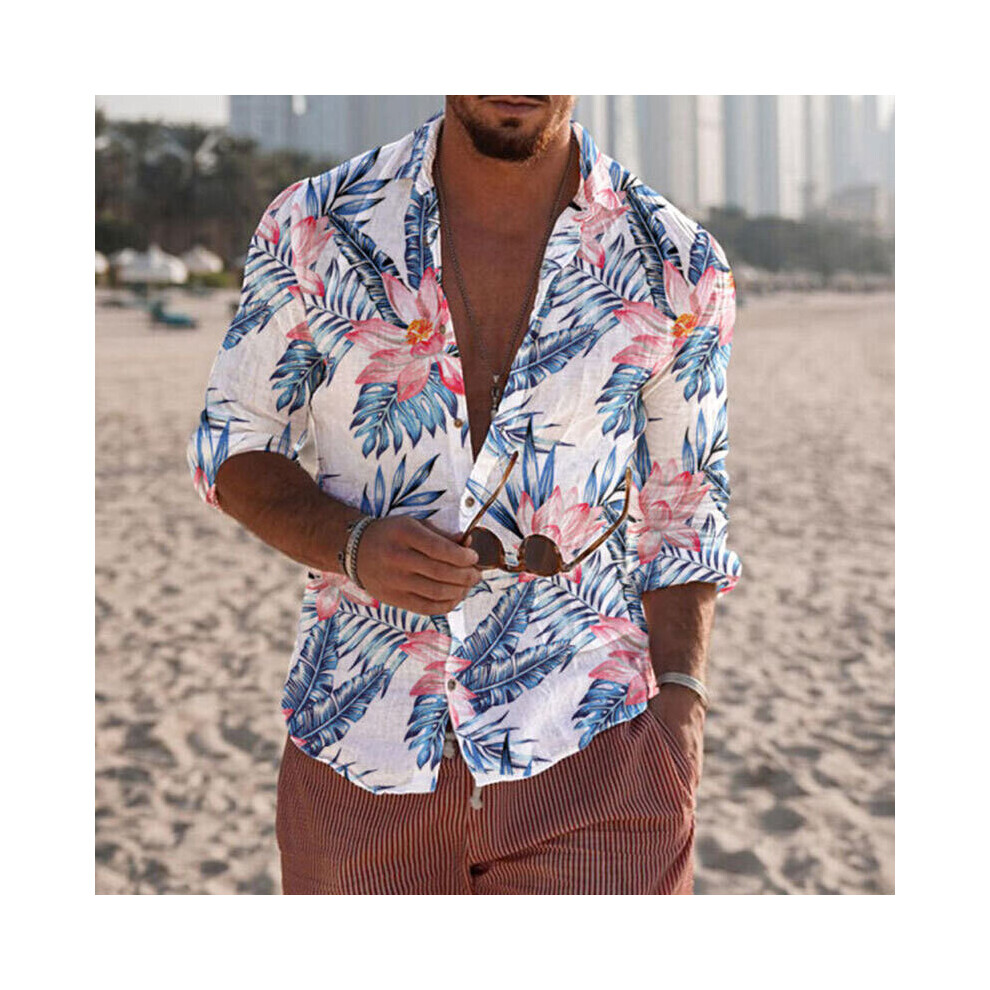(Blue, L) Mens Lapel Neck Hawaiian Long Sleeve Floral Button Down Casual Slim Fit Shirts