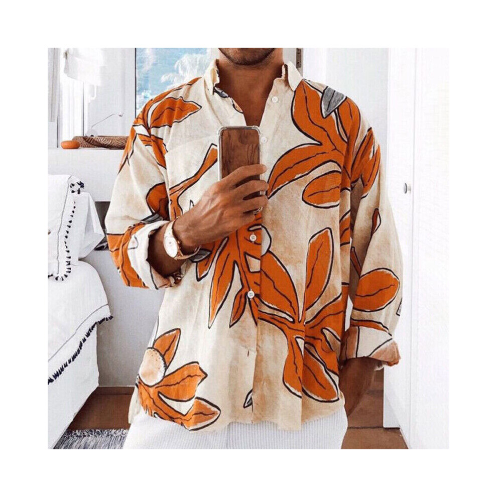 (Orange, XL) Mens Lapel Neck Hawaiian Long Sleeve Floral Button Down Casual Slim Fit Shirts