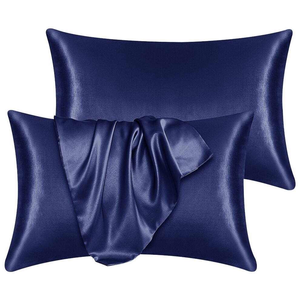 (Navy, 1 Pair (2x Cases)) 100% Original Anti-Allergic Pillow Satin Silk Cases