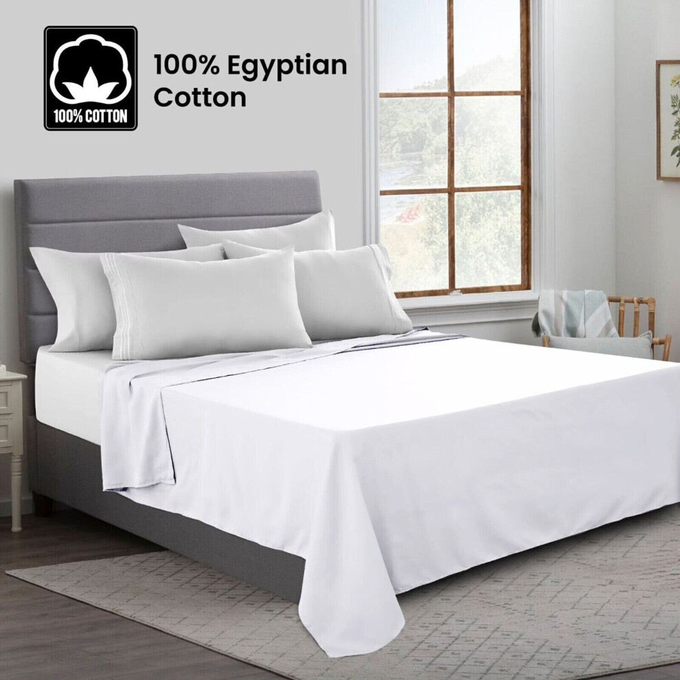 (King, White) 100% Egyptian Luxury Cotton Flat Bed Sheets Single Double King Size UK