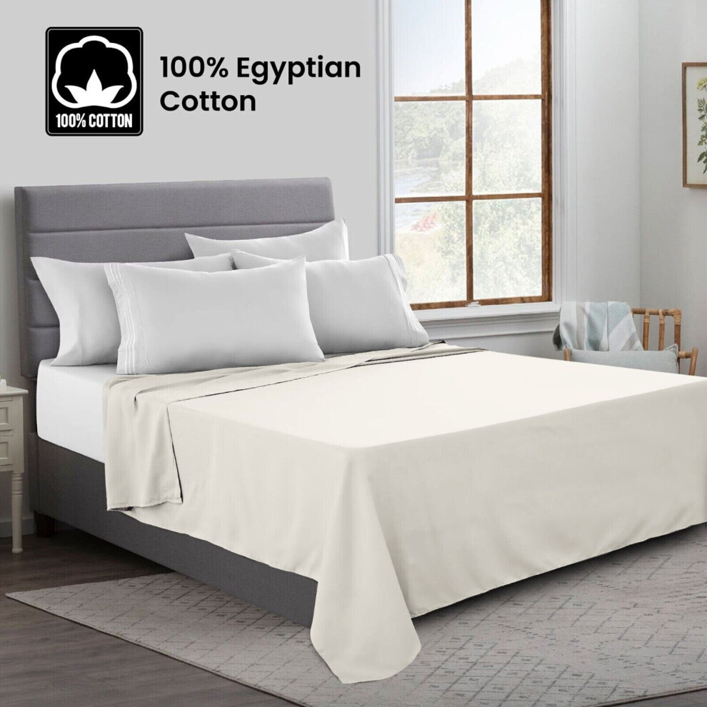 (Single, Cream) 100% Egyptian Luxury Cotton Flat Bed Sheets Single Double King Size UK