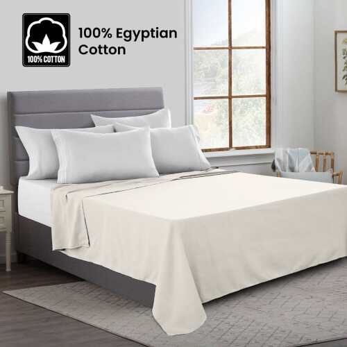 (Double, Cream) 100% Egyptian Luxury Cotton Flat Bed Sheets Single Double King Size UK