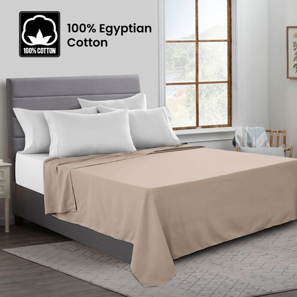 (Single, Beige) 100% Egyptian Luxury Cotton Flat Bed Sheets Single Double King Size UK