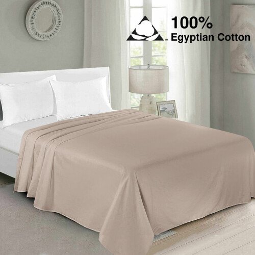 (Single, Beige) 100% Egyptian Luxury Cotton Flat Bed Sheets Single Double King Size UK 1