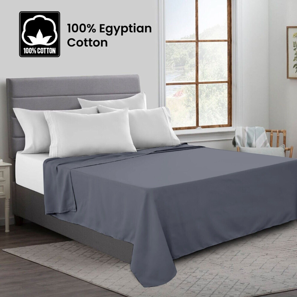 (Super King, Grey) 100% Egyptian Luxury Cotton Flat Bed Sheets Single Double King Size UK