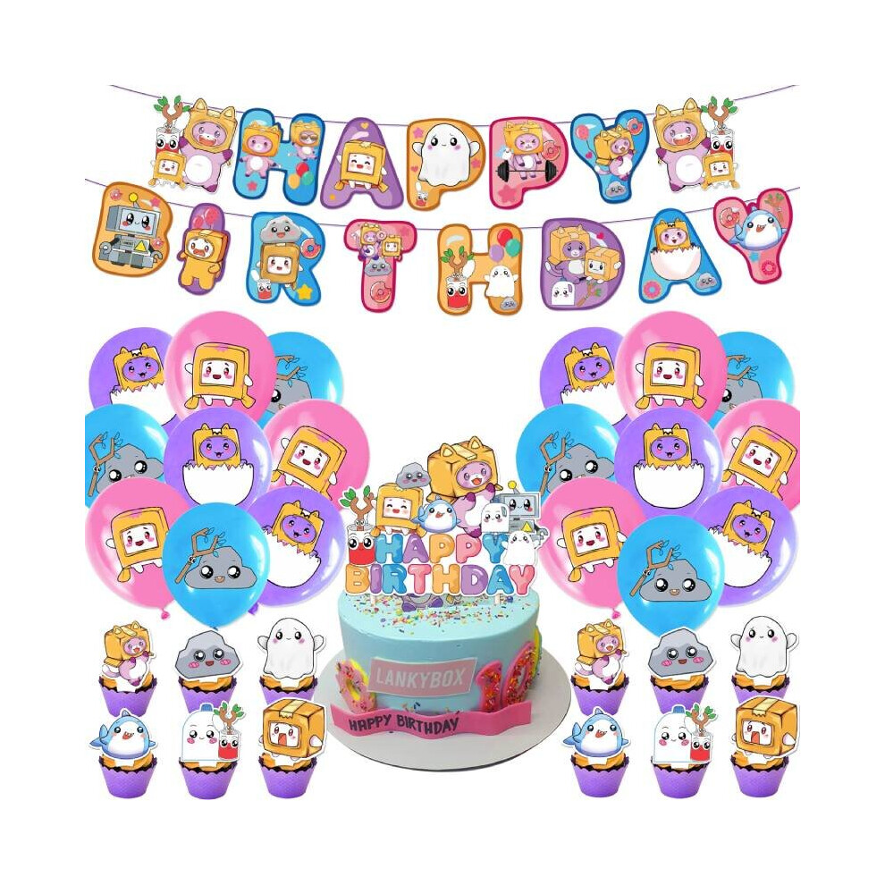 (32Pcs) Lankybox Cartoon Kids Birthday Party Supplies Decoration Balloon Cake Topper Set