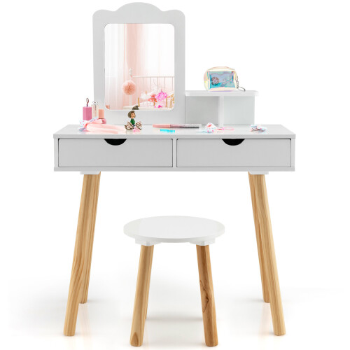 2 in 1 Kids Vanity Table and Chair Set Makeup Table W/ Mirror & Drawer