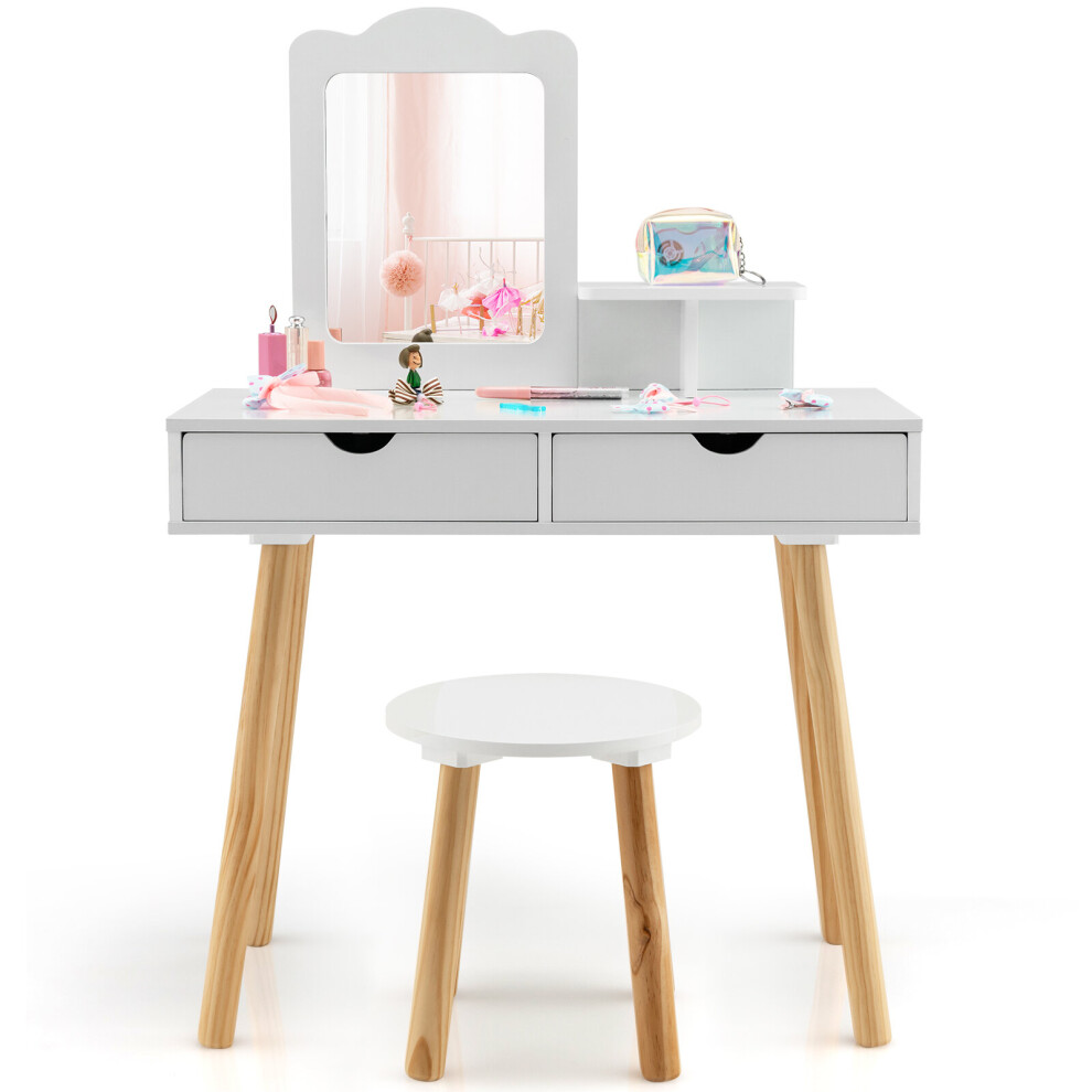 2 in 1 Kids Vanity Table and Chair Set Makeup Table W/ Mirror & Drawer