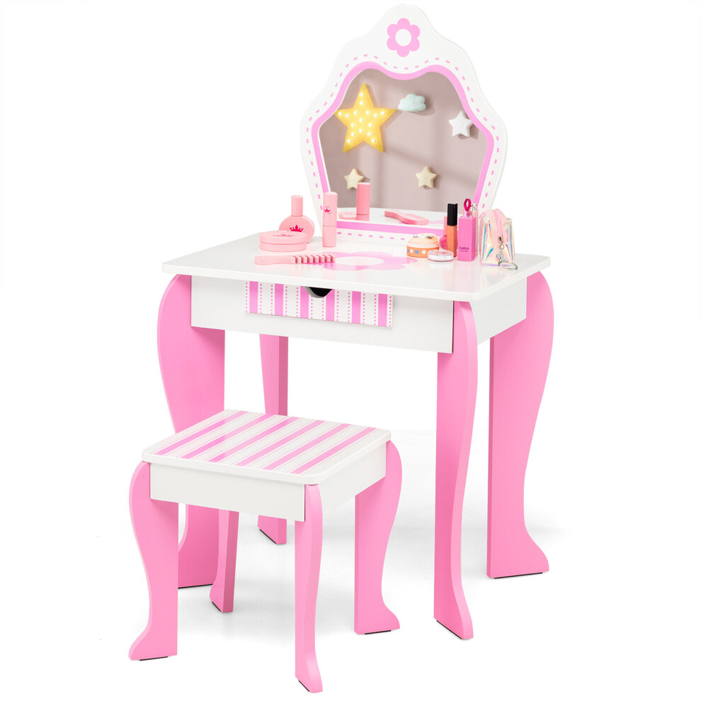 2-in-1 Kids Vanity Makeup Dressing Table&Chair Set W/ Mirror & Drawers