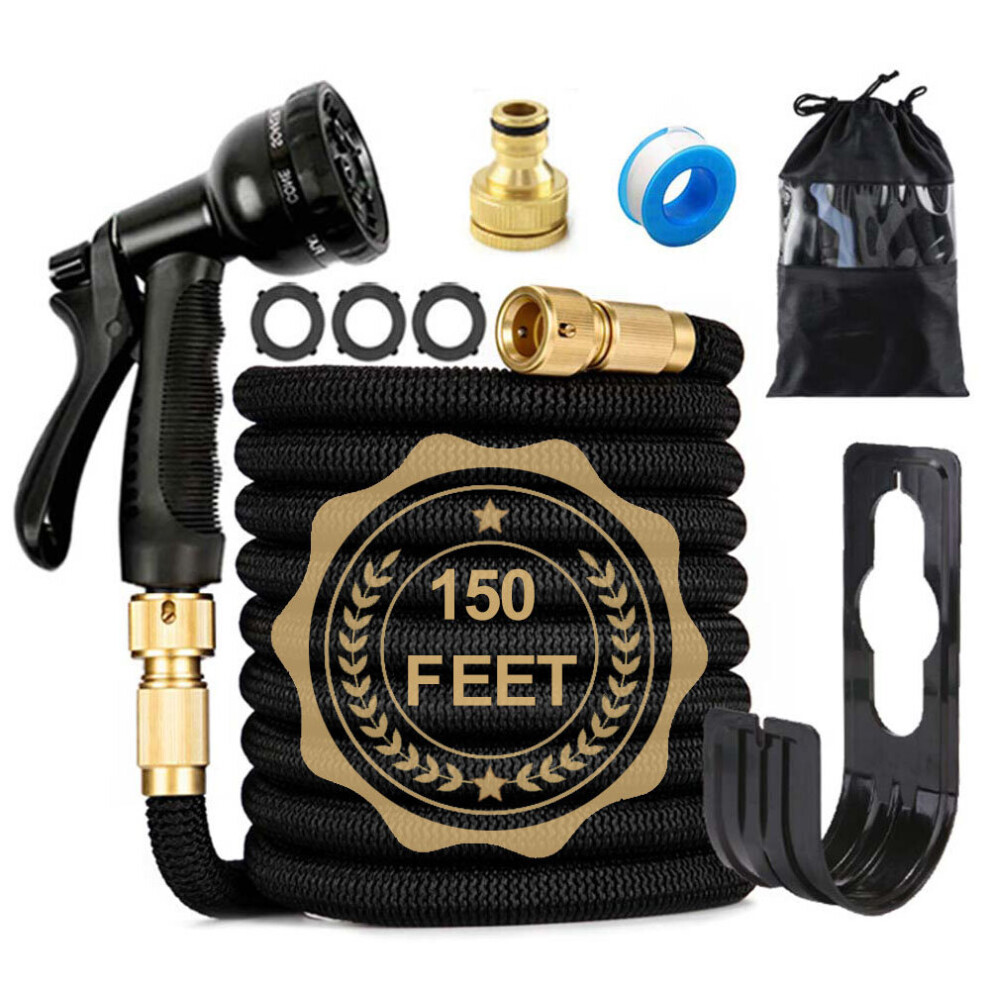 (150Ft Hose+Spray Gun+Connector+Hanger) Heavy Duty Expandable Garden Hose Pipe Spray Gun Flexible Expanding Stretch Pipe Black