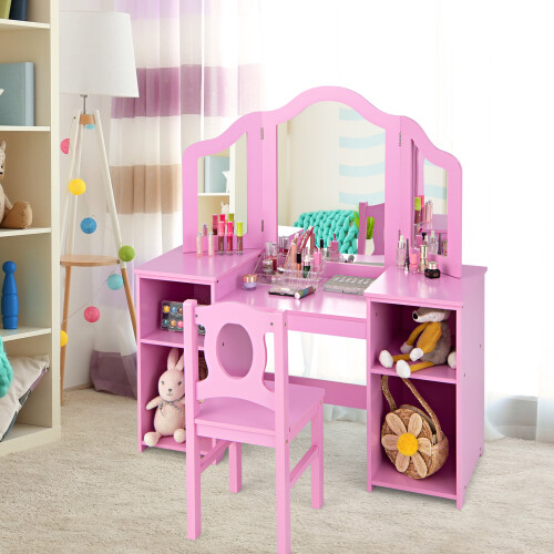 Casart 2-in-1 Kid Vanity Table Set Dressing Table w/ Mirror Makeup Table Set 2