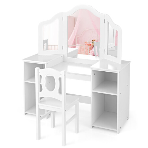 Casart 2-in-1 Kid Vanity Table Set Dressing Table w/ Mirror Makeup Table Set